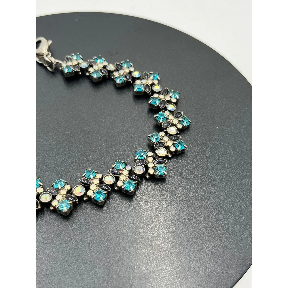 SORRELLI Teal Blue & White Crystal Geometric Antiqued Silver Bracelet